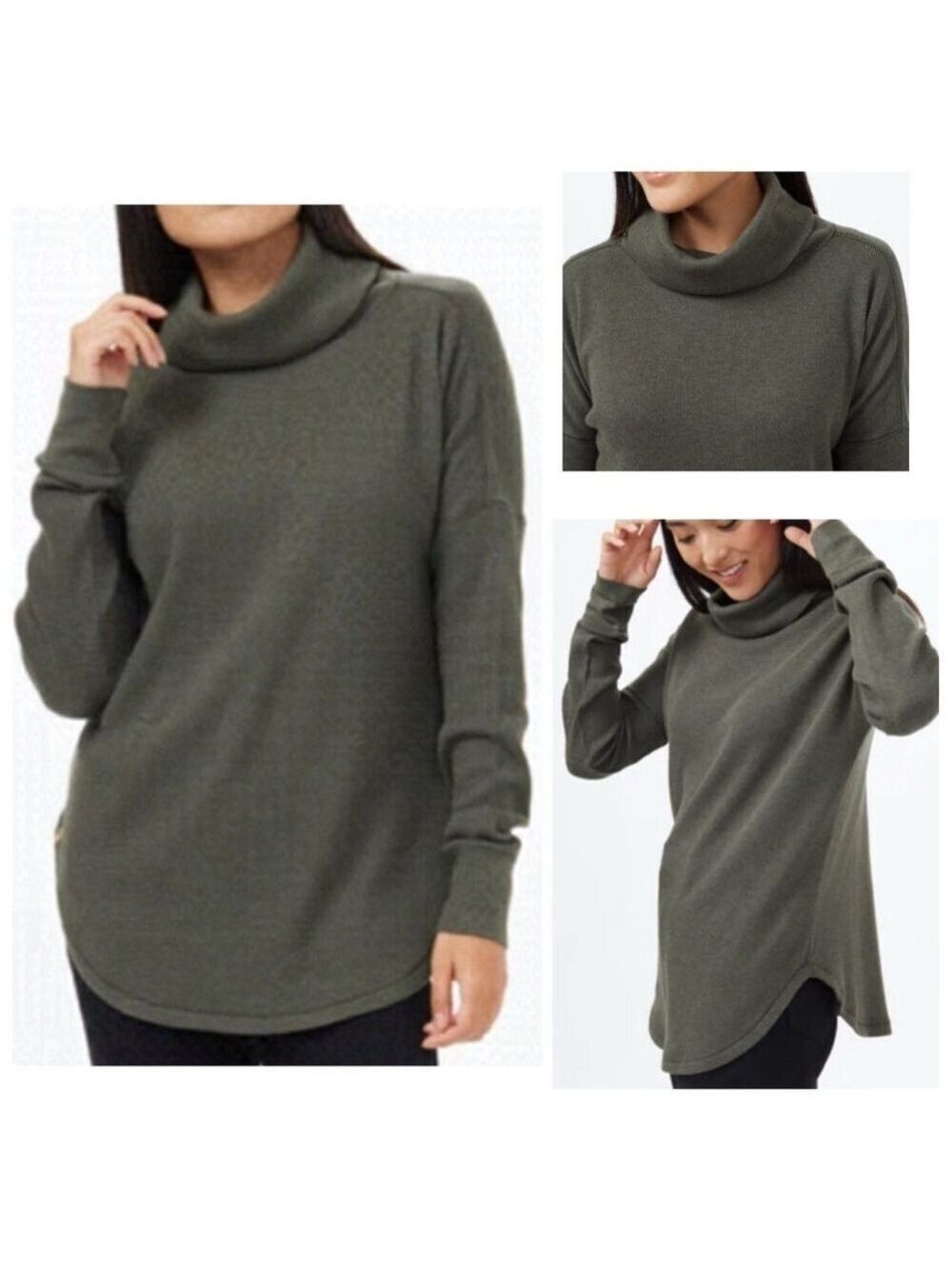 NWT TENTREE Black Waffle Knit Turtleneck Tencil Black Olive Green Heather Medium